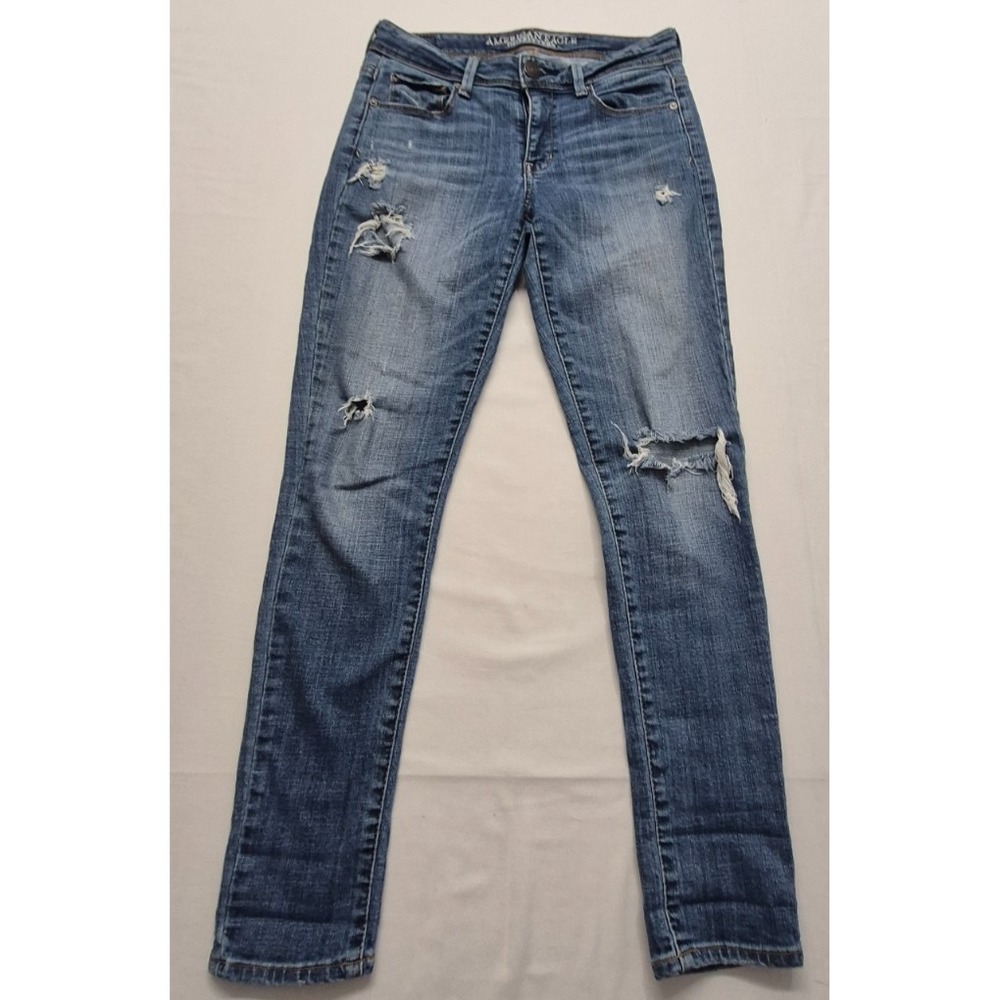 American Eagle Super Skinny women's denim blue jeans sz. 4 distressed stretch